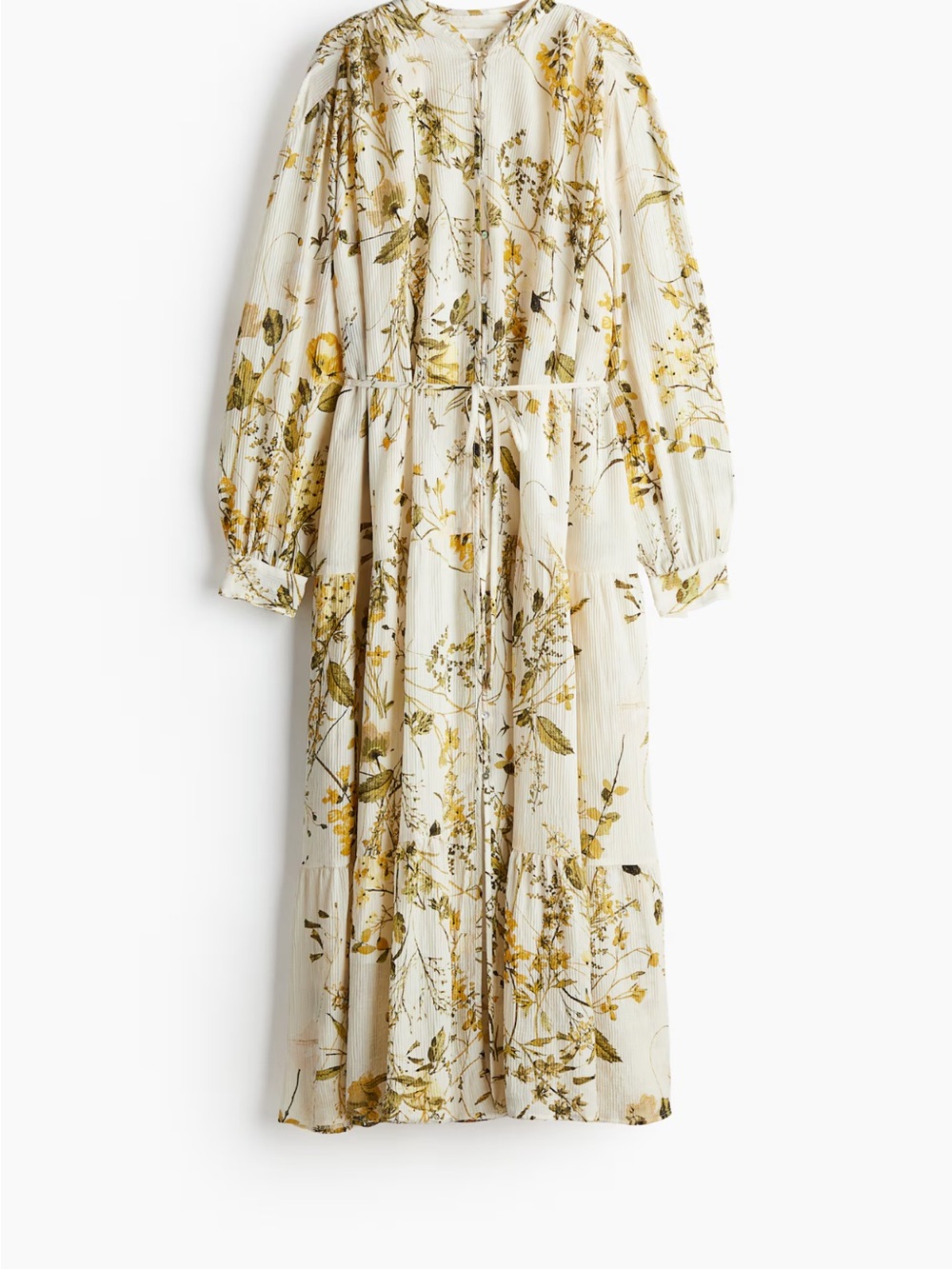 H&M Cream Floral Tie-Waist Maxi Dress with Yellow & Olive Accents